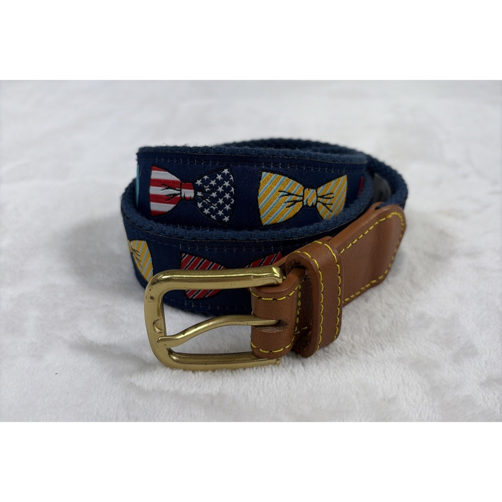 Men's Size 32 Simply Southern Collection Bow Tie Patterned Canvas/Leather Belt